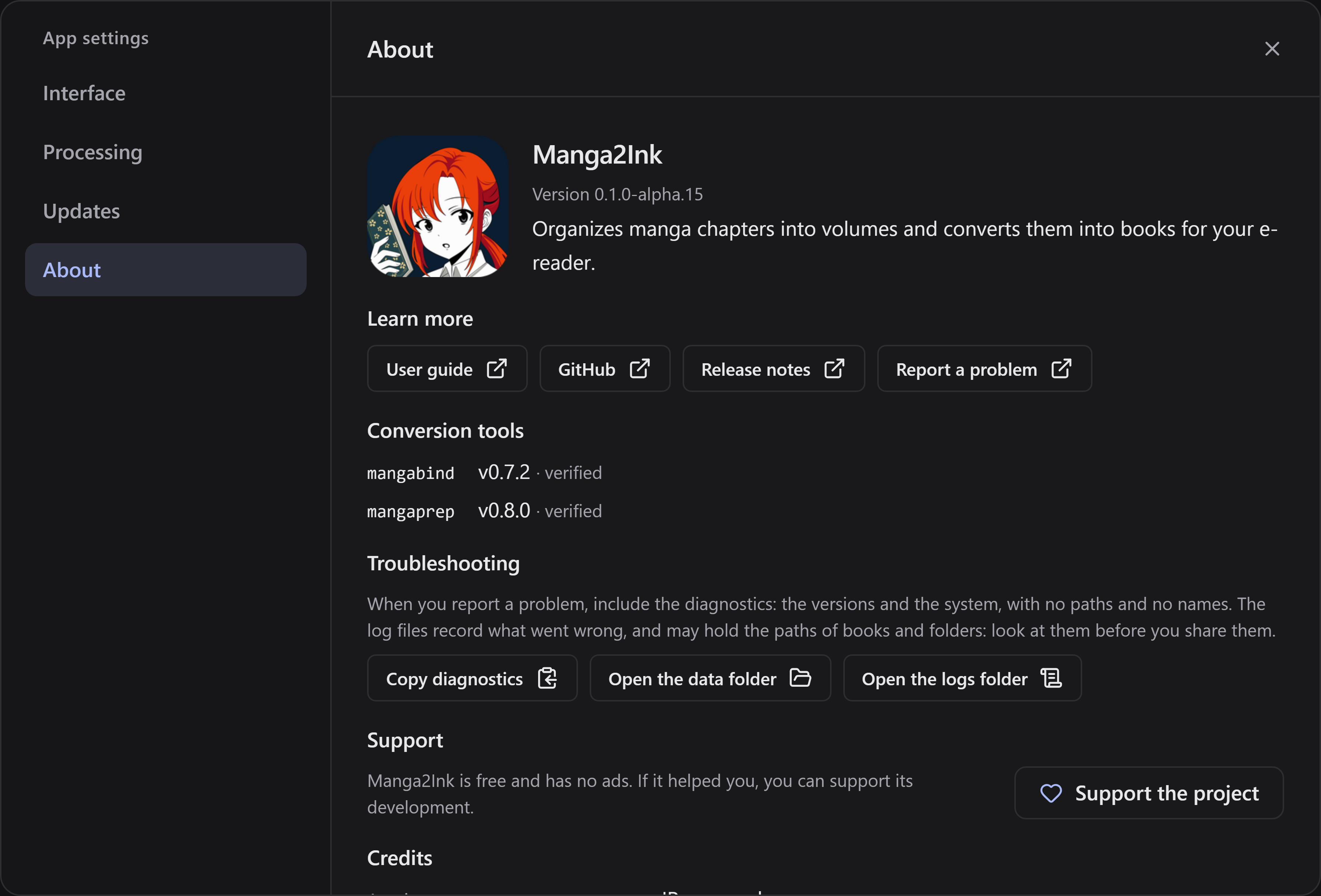 The About tab of the app settings, with the version, the links to the guide, the repository, the release notes and the issues, the conversion tools and the buttons that copy the diagnostics and open the data and logs folders.