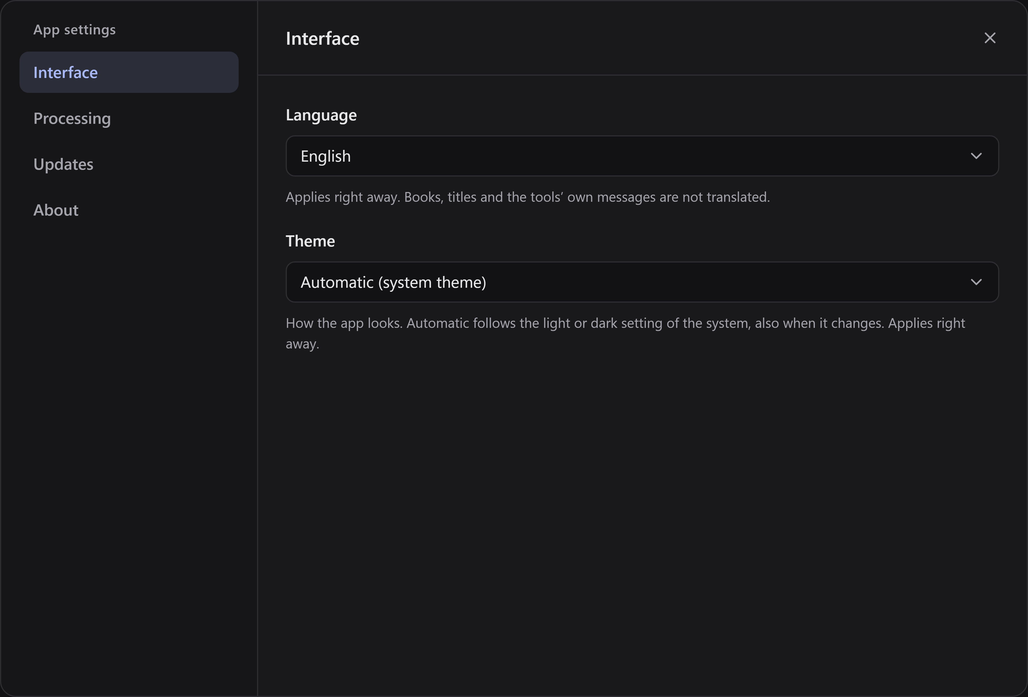 The Interface tab of the app settings, with the Language and Theme choices.