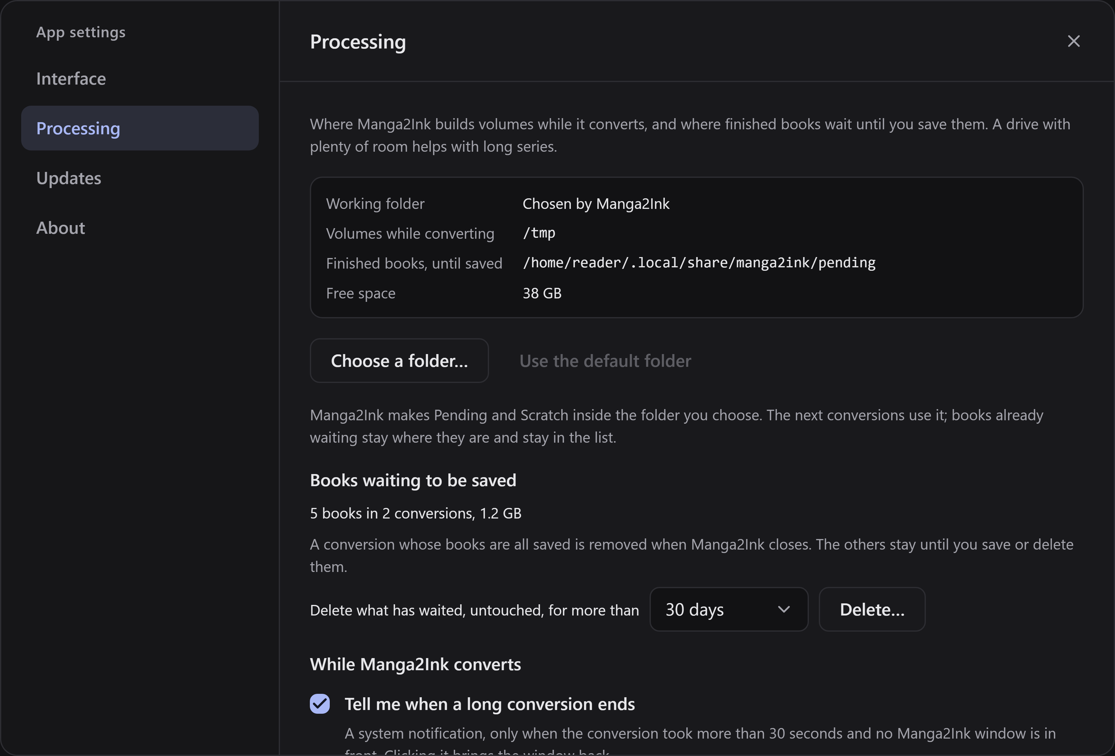 The Processing tab of the app settings, with the folder Manga2Ink works in, the space left there and the books waiting to be saved.