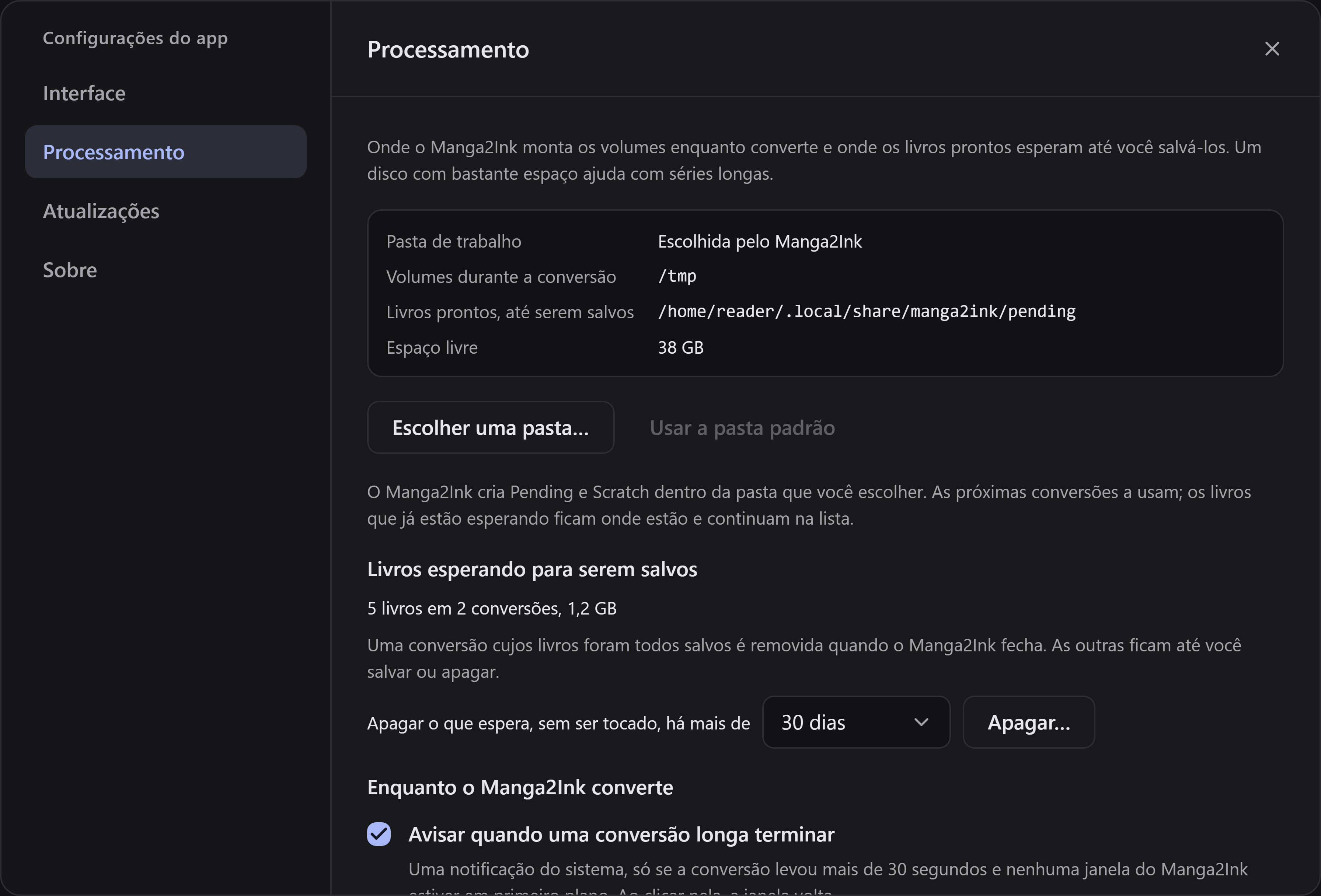A aba Processamento das configurações do app, com a pasta em que o Manga2Ink trabalha, o espaço livre nela e os livros esperando para serem salvos.