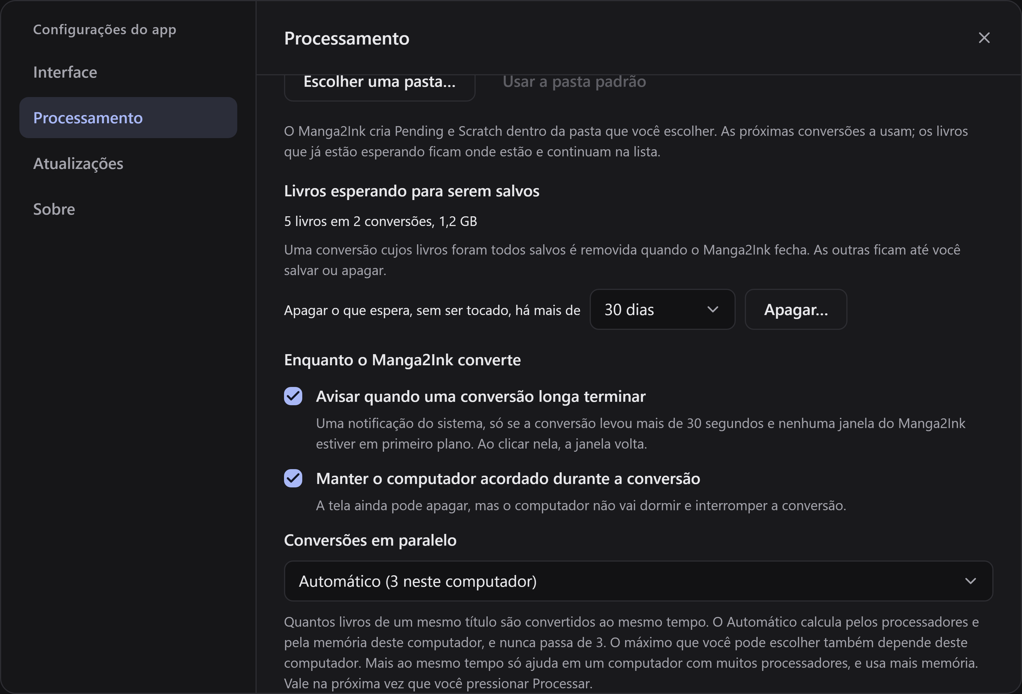 O fim da aba Processamento, com as escolhas sobre o que o Manga2Ink faz enquanto converte: as duas ligadas e as Conversões em paralelo no Automático.