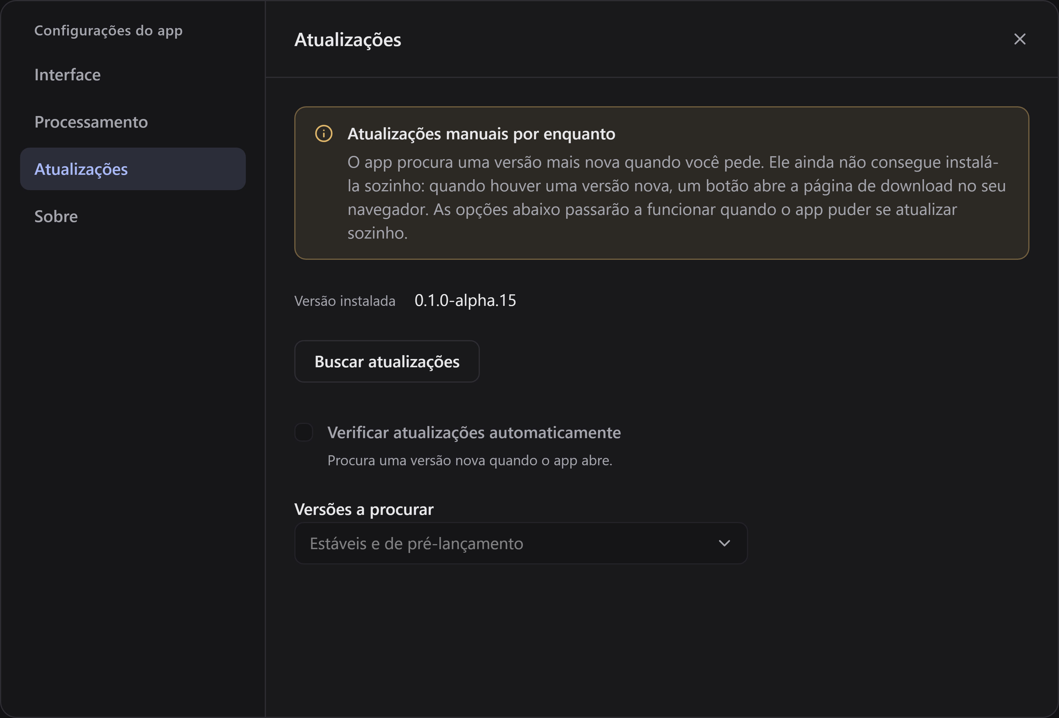 A aba Atualizações das configurações do app, com a versão instalada e o botão Buscar atualizações.