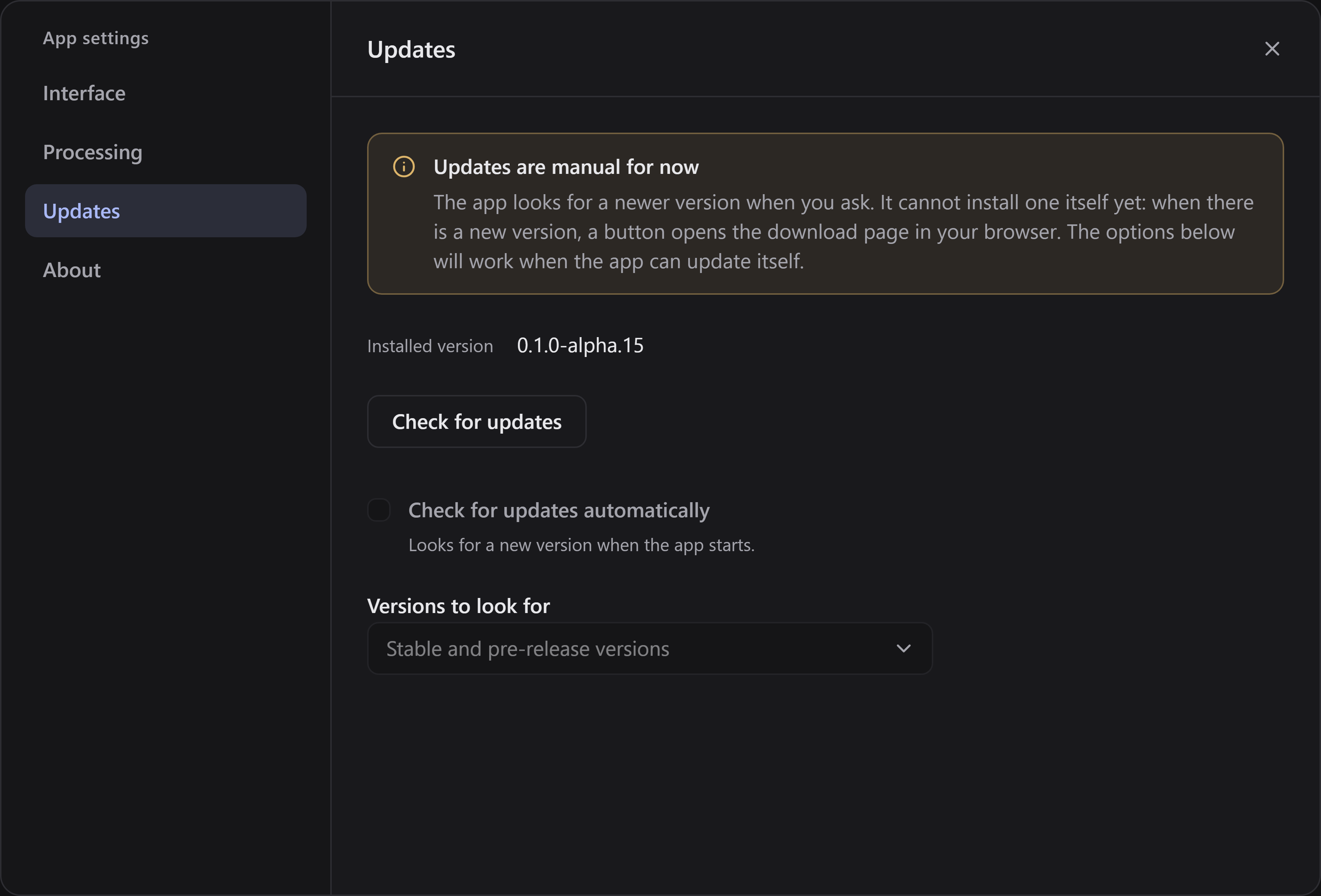 The Updates tab of the app settings, with the installed version and the Check for updates button.