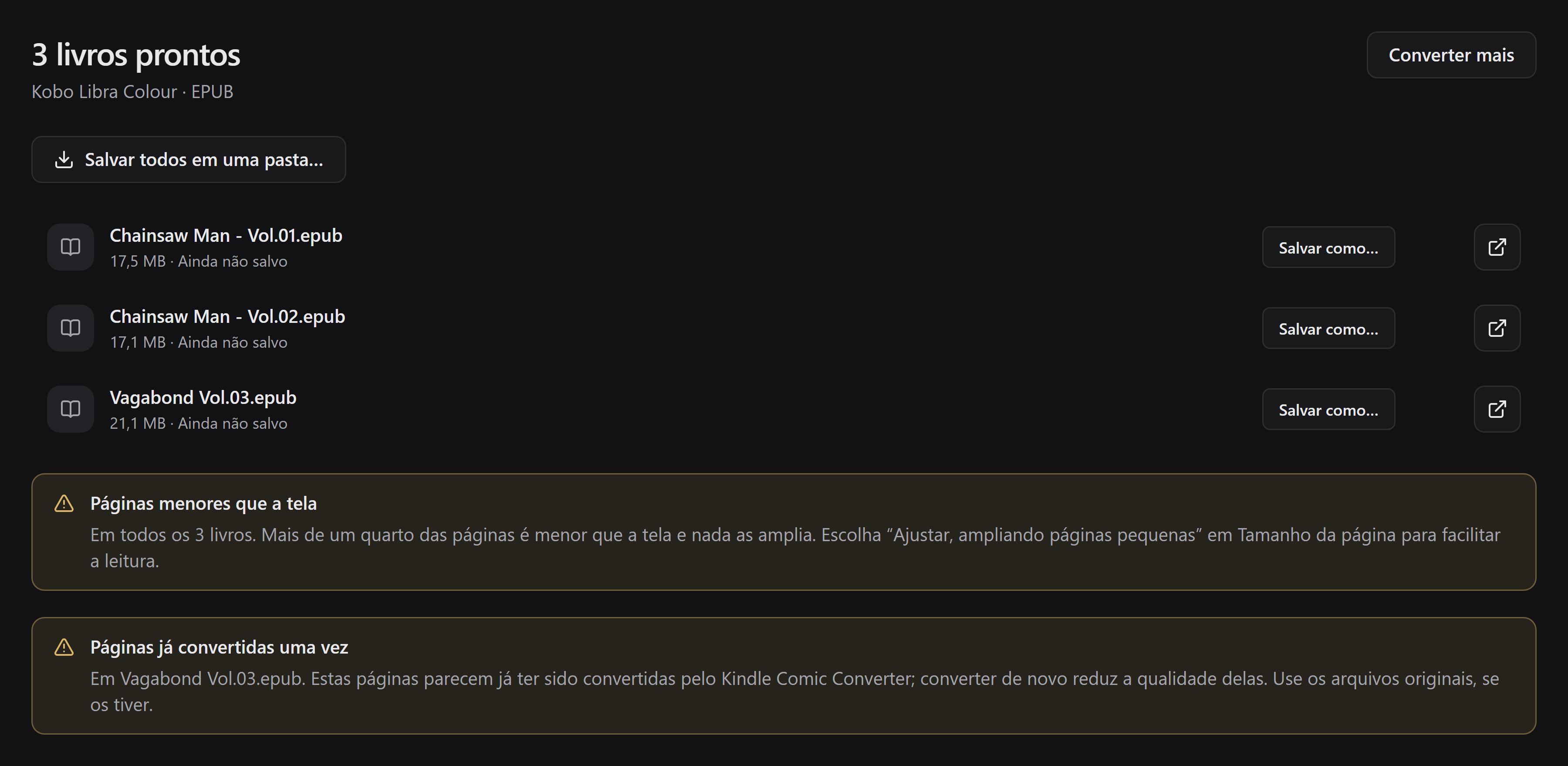Três livros prontos com dois avisos amarelos, cada um indicando a quais livros se aplica.