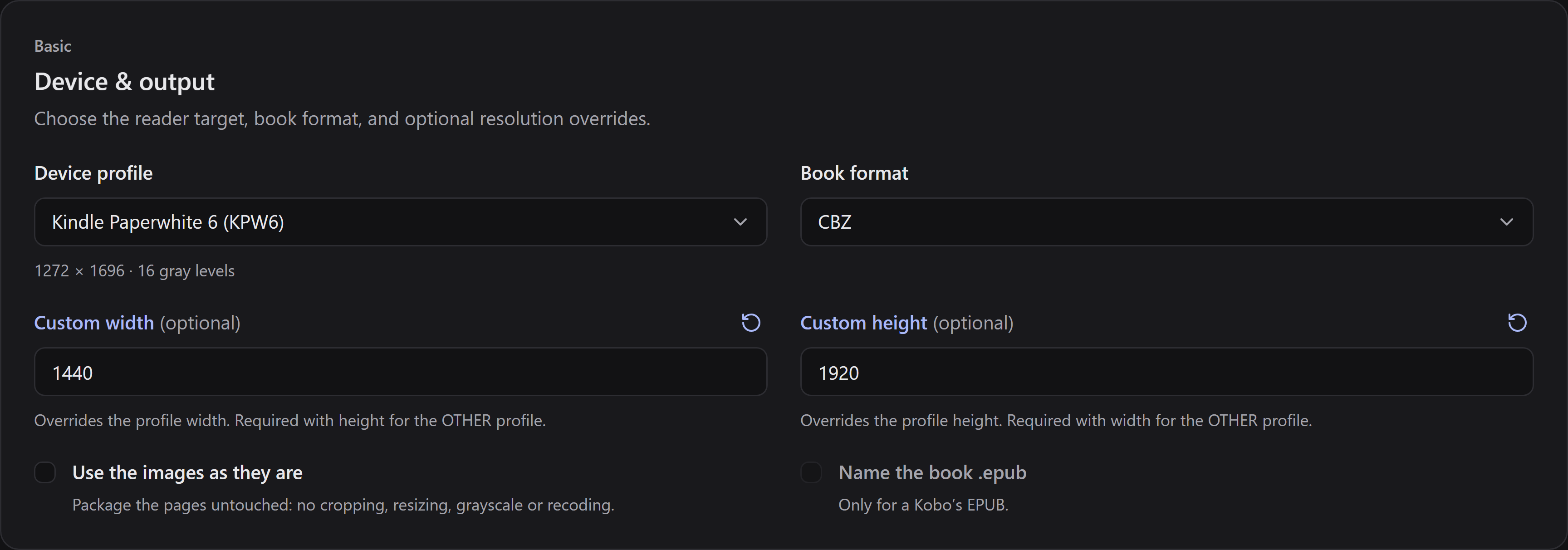 Device profile and book format, with custom width 1440 and height 1920.