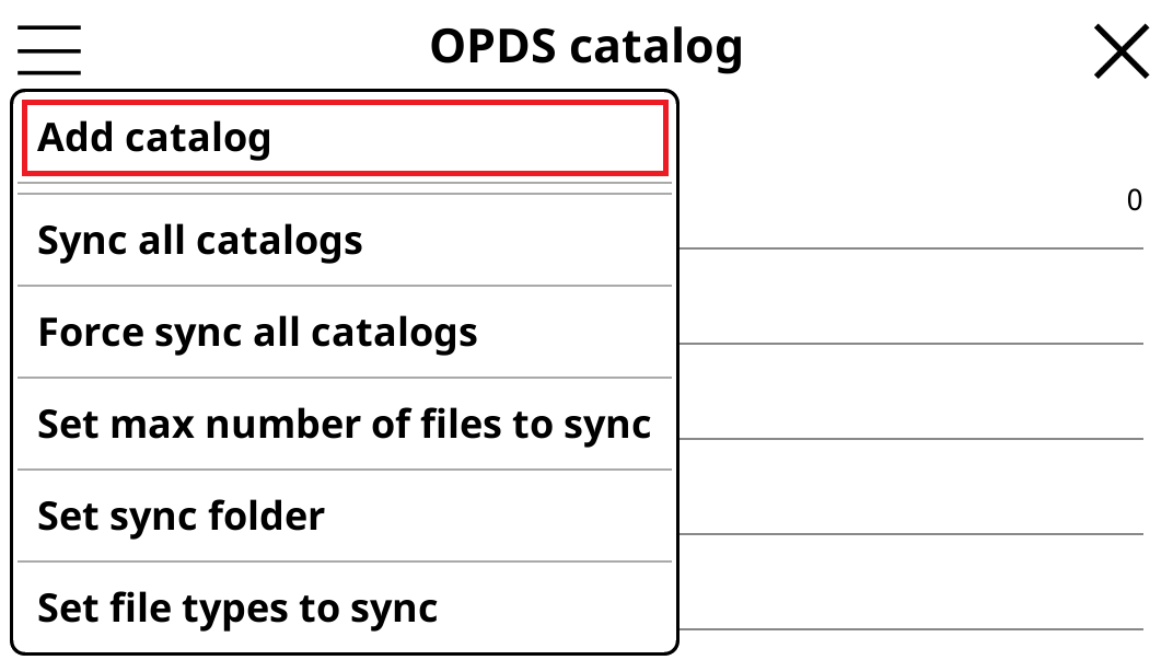 OPDS catalog menu with Add catalog highlighted.