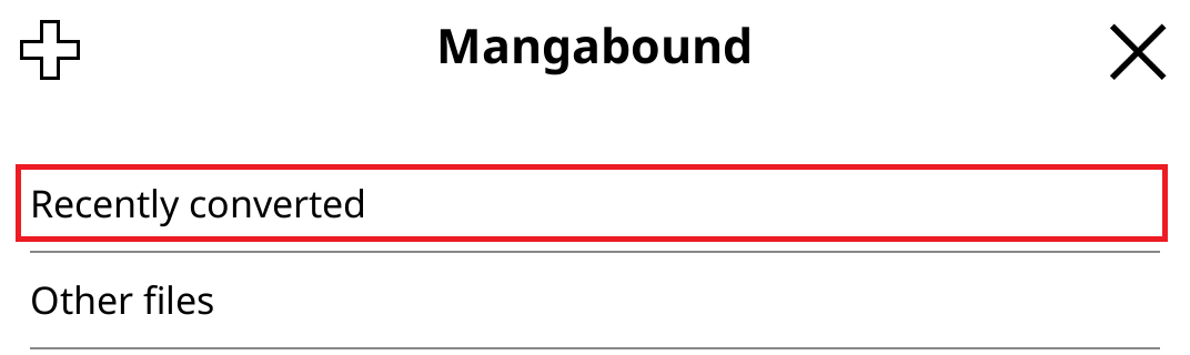Manga2Ink's KOReader catalog with Recently converted highlighted above Other files.