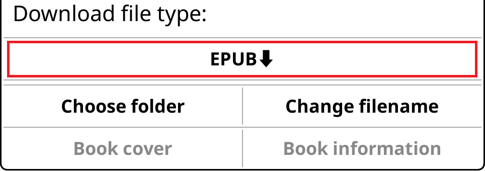 Book download controls with the EPUB download button highlighted above Choose folder and Change filename.