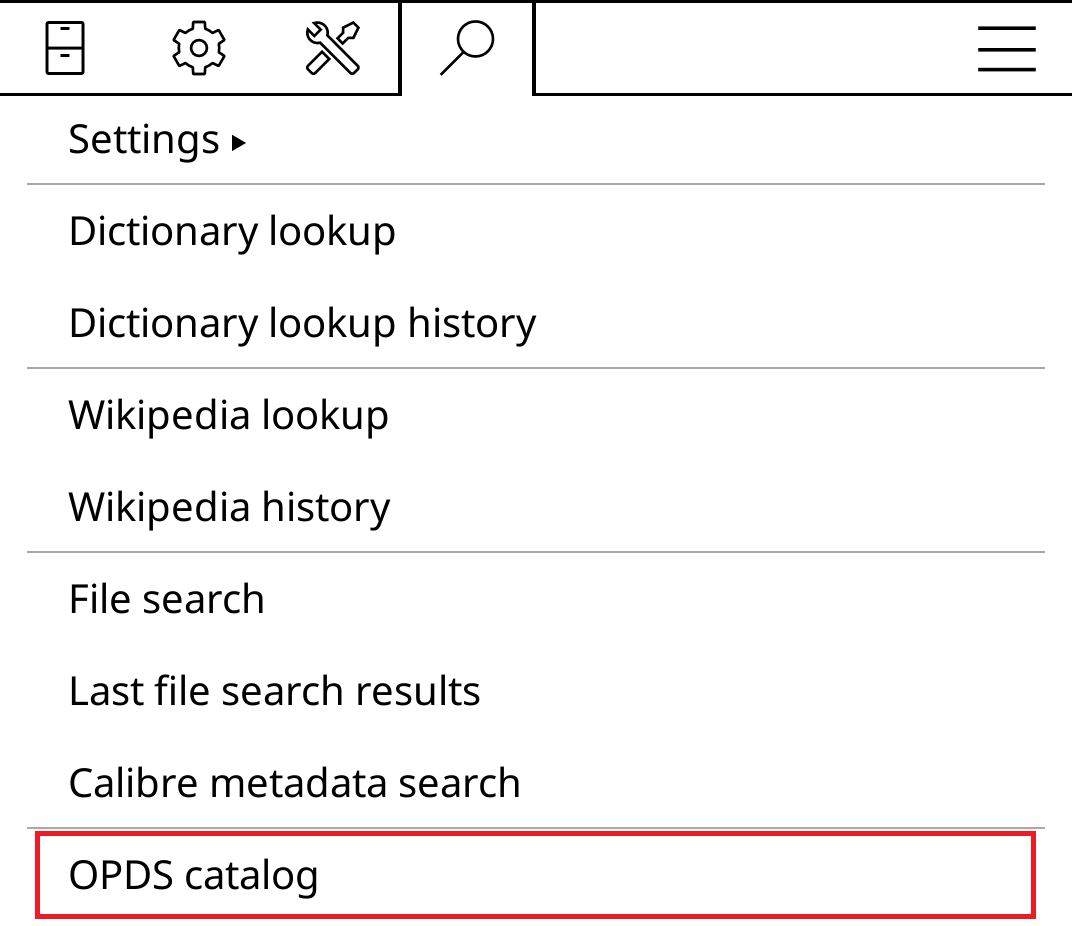 Search menu with OPDS catalog highlighted.