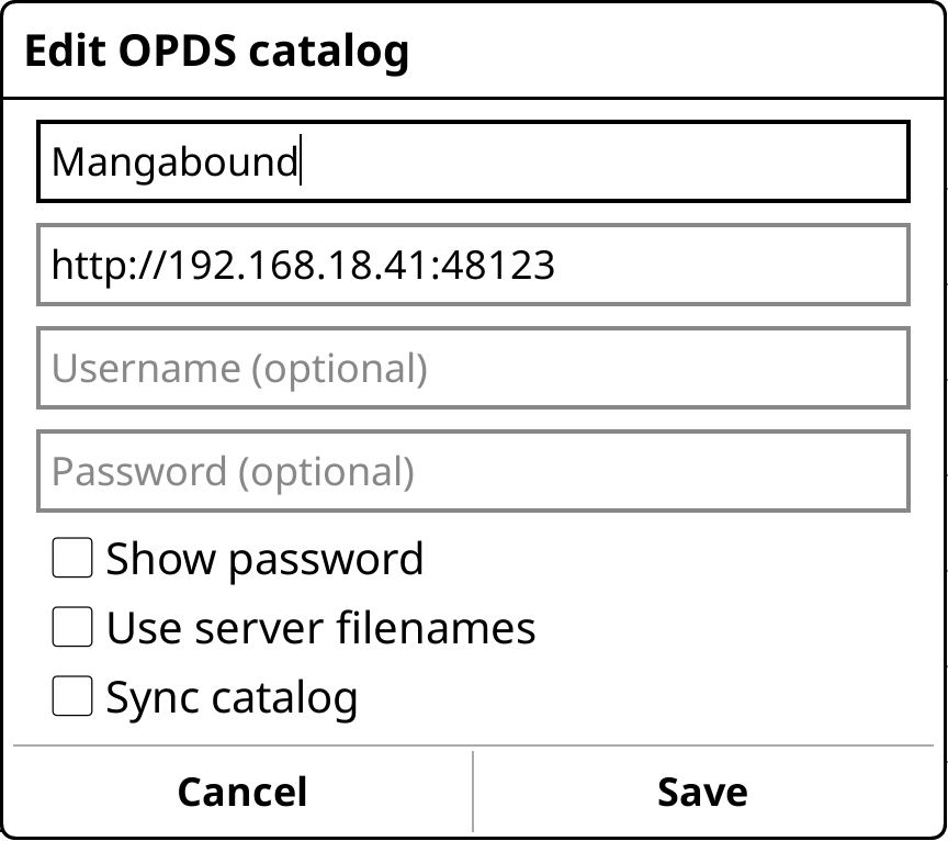 Complete OPDS catalog form with Manga2Ink, an example local address, optional credentials and Save.