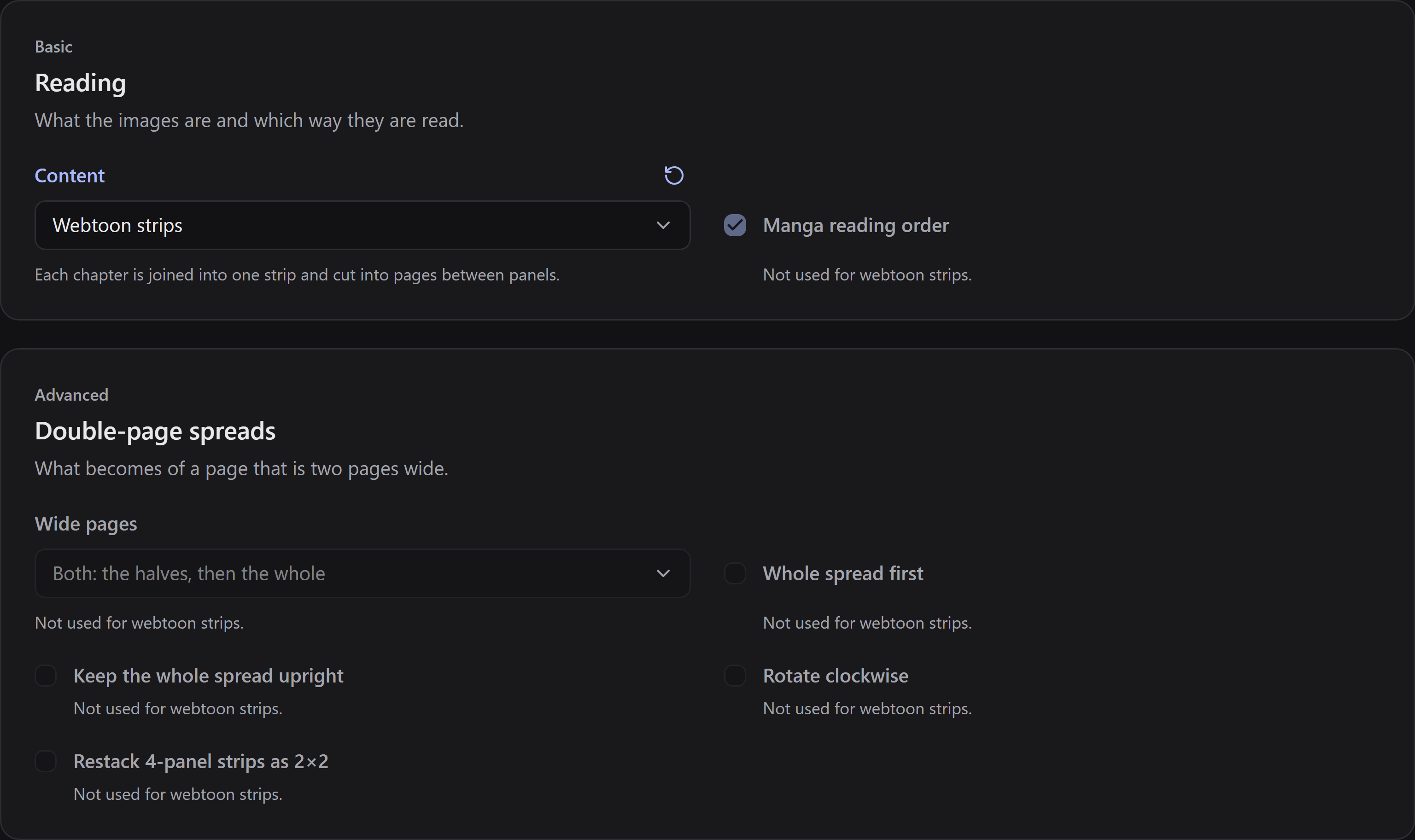 Webtoon strips selected in Reading, with manga reading order and double-page spread controls disabled and their reasons shown.