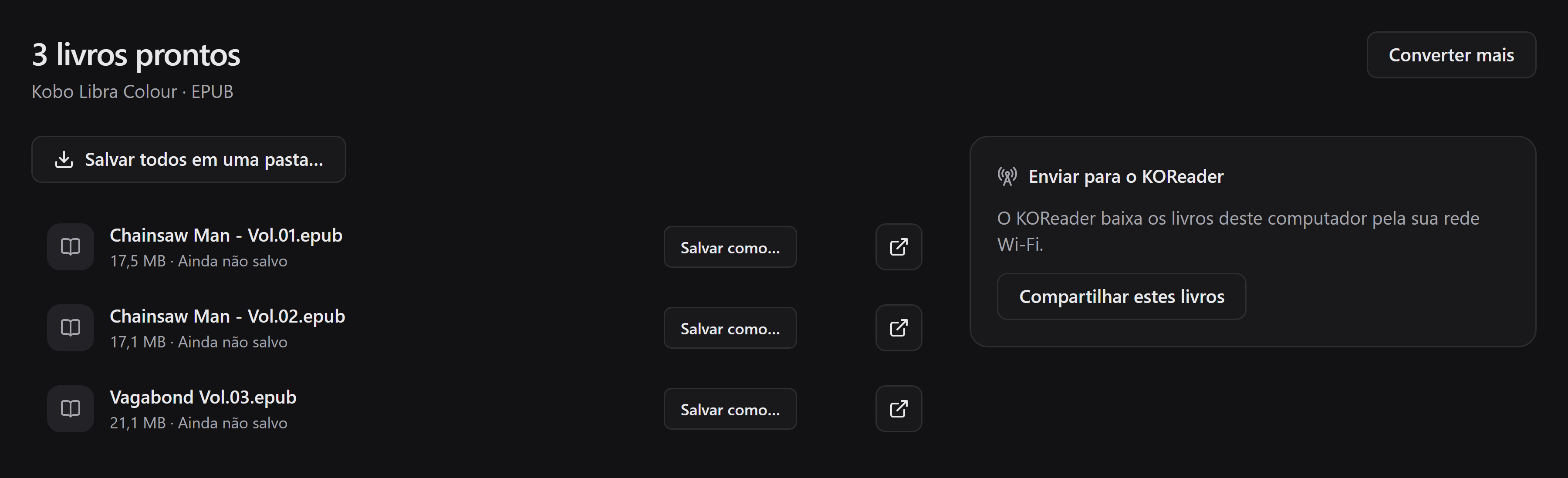 Livros prontos com salvamento individual, Salvar todos em uma pasta e compartilhamento.