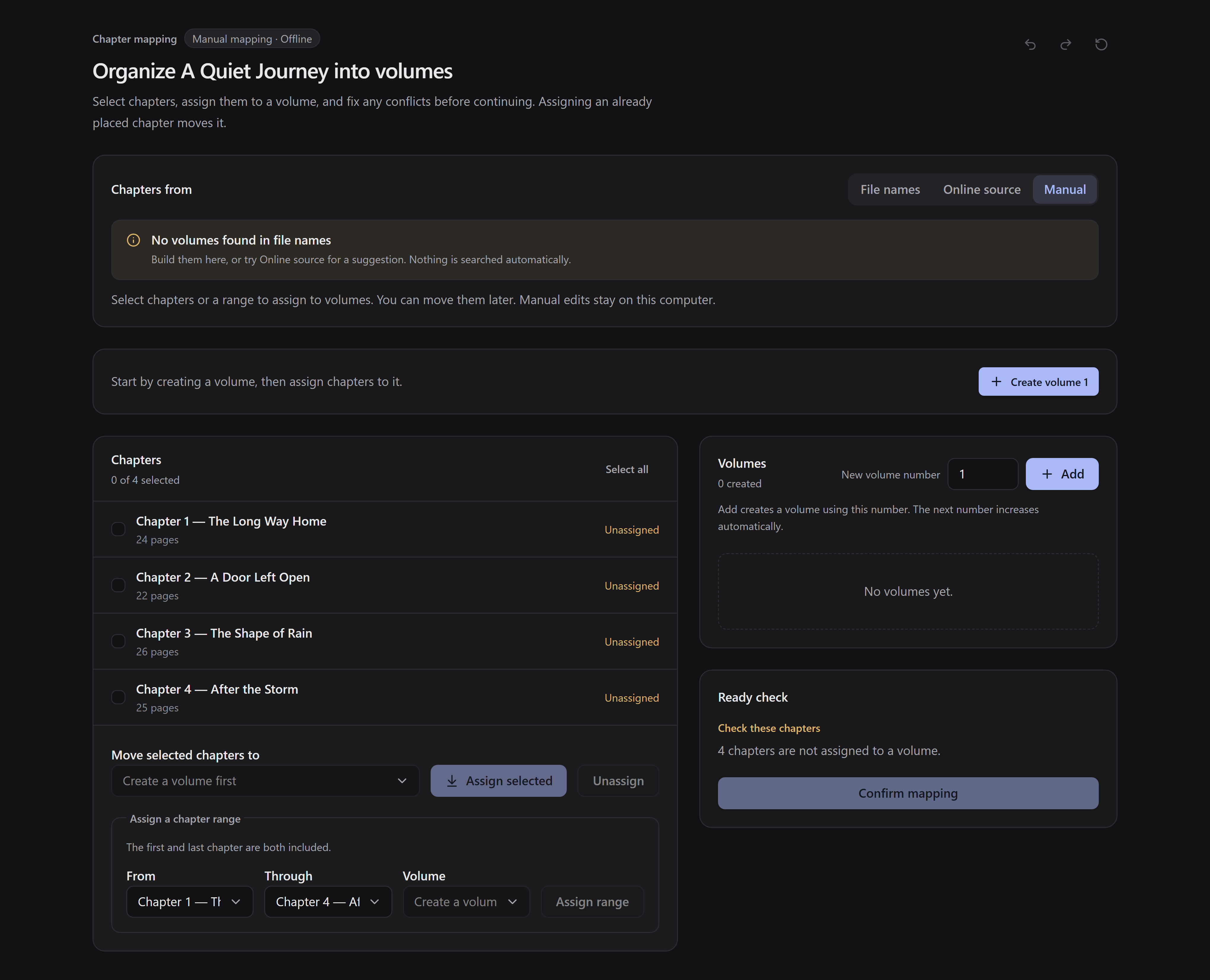 The manual editor starts without volumes and offers Create volume 1.