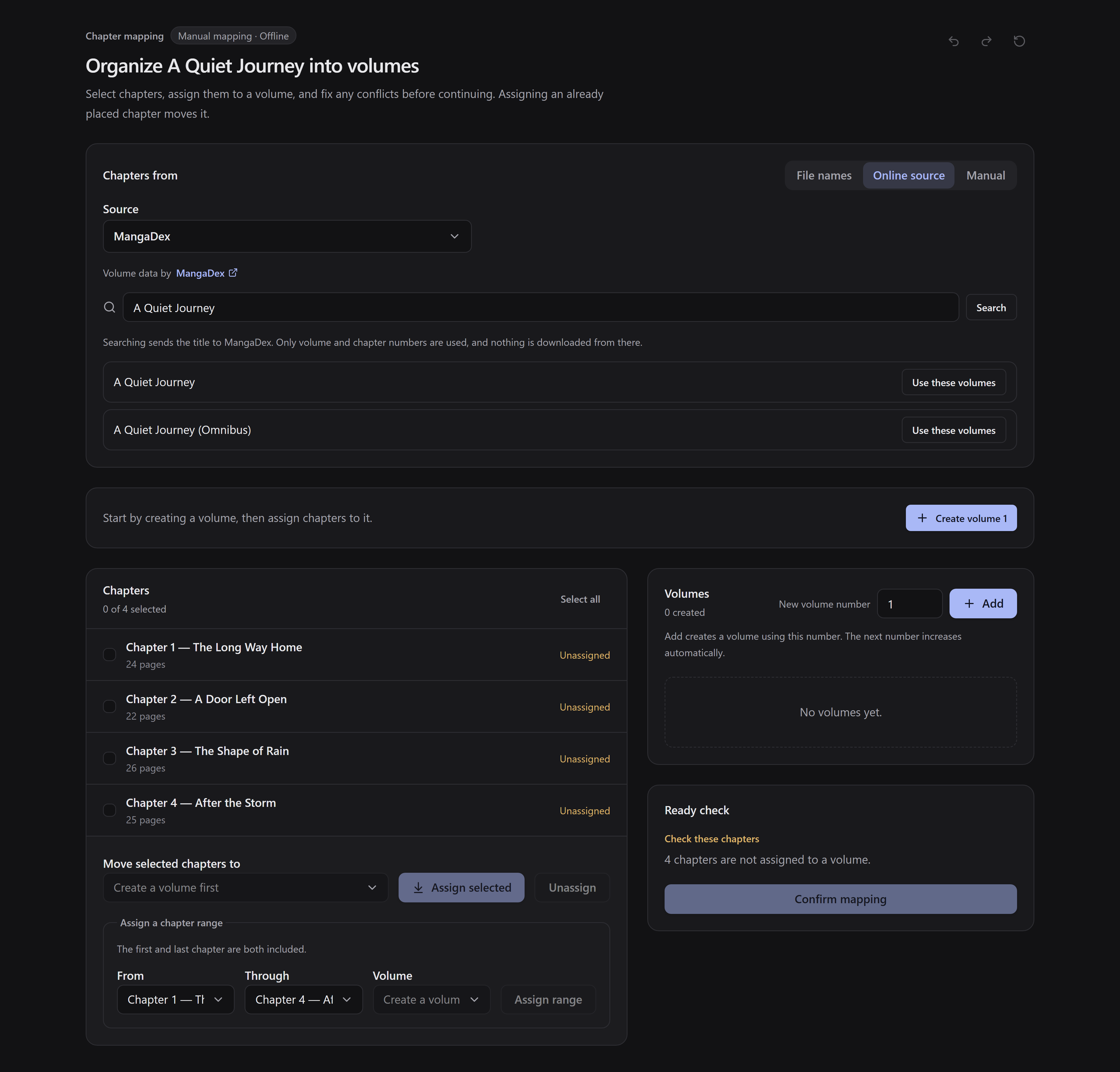 A demonstration search with two results and Use these volumes actions.